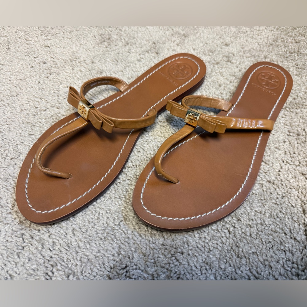 Tory Burch Tan Leather Bow Thong Sandals